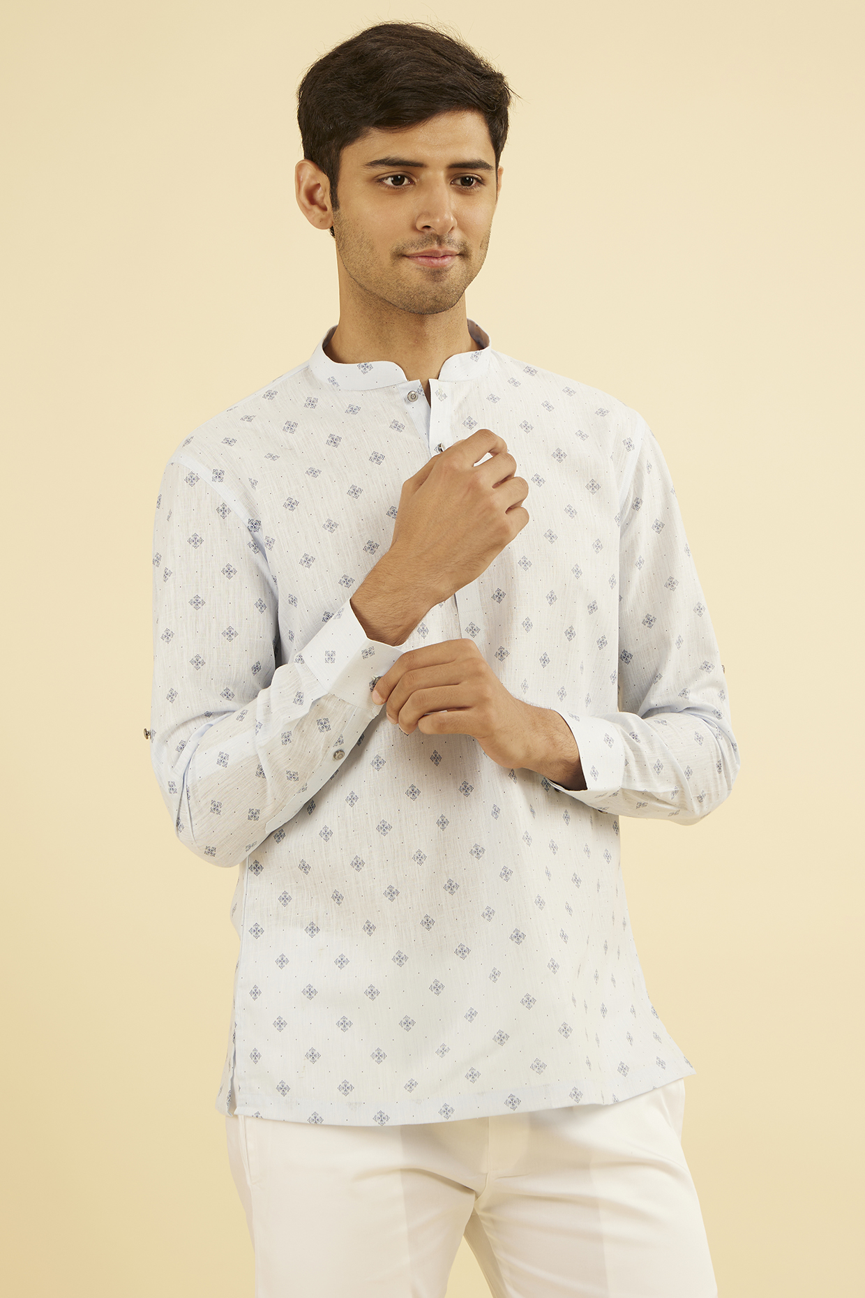 Blue Cotton Blend Printed Short Kurta by Manyavar