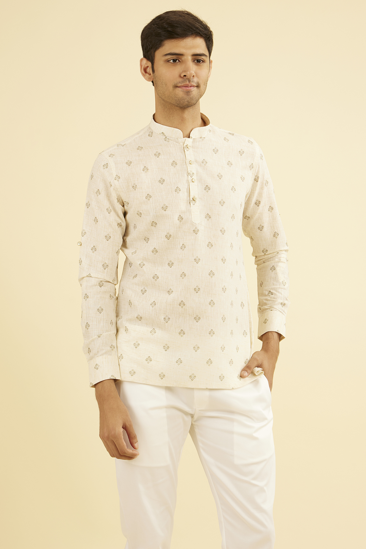 Beige Cotton Blend Printed Short Kurta by Manyavar