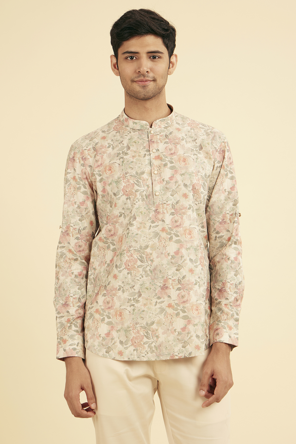 Peach Cotton Blend Printed Short Kurta by Manyavar