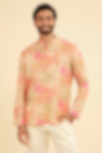 Pink Satin Printed Short Kurta by Manyavar