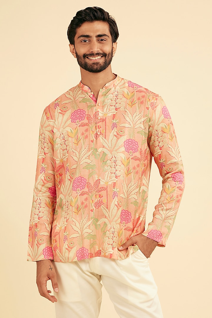 Pink Satin Printed Short Kurta by Manyavar