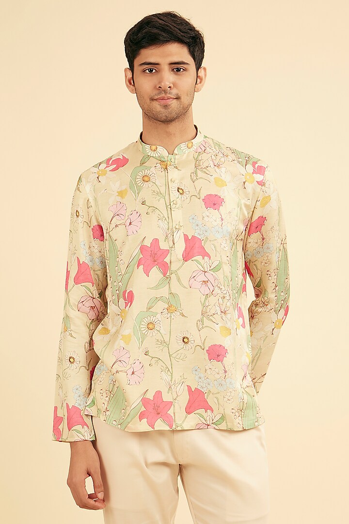 Pista Green Satin Printed Short Kurta by Manyavar