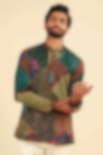 Green Satin Printed Short Kurta by Manyavar
