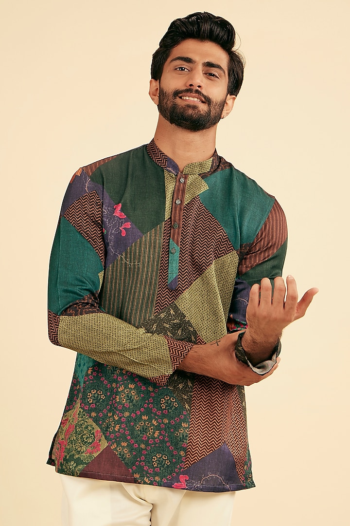 Green Satin Printed Short Kurta by Manyavar