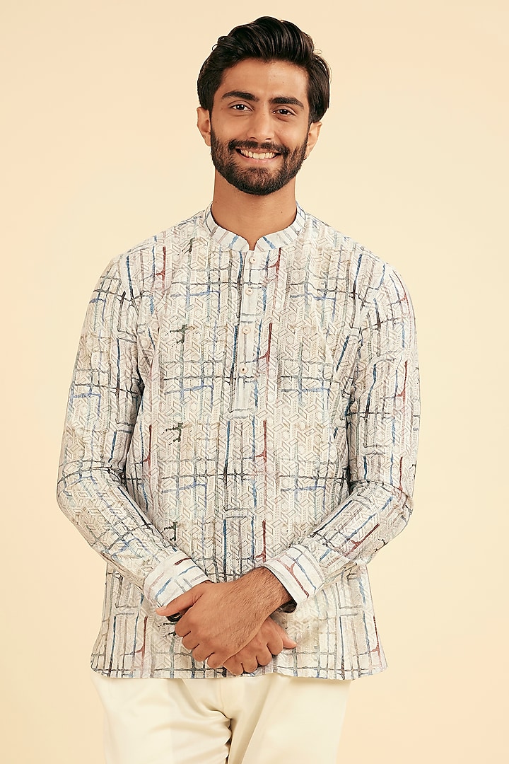 Cream Knit Printed Short Kurta by Manyavar