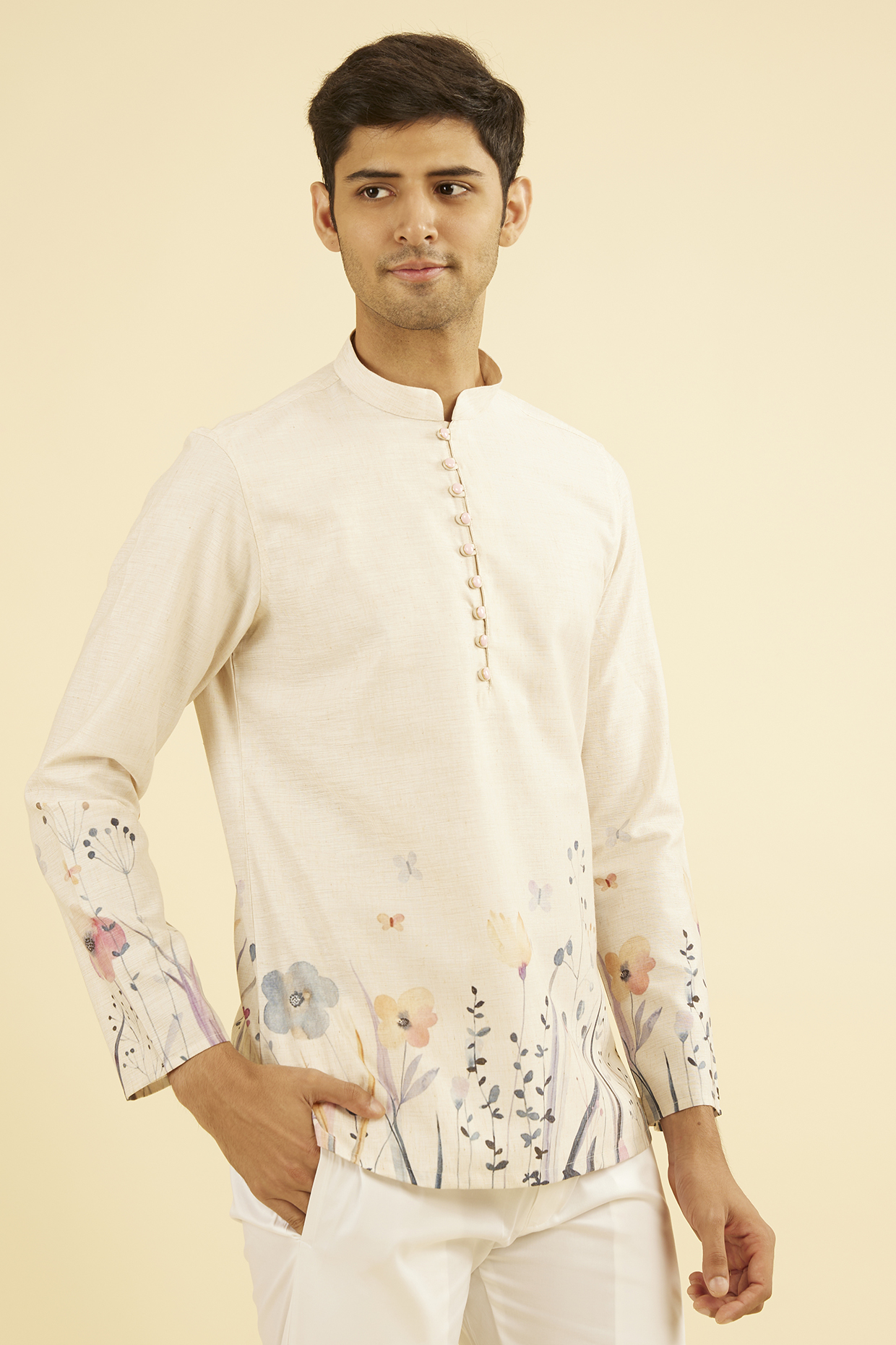 Beige Cotton Blend Short Kurta by Manyavar