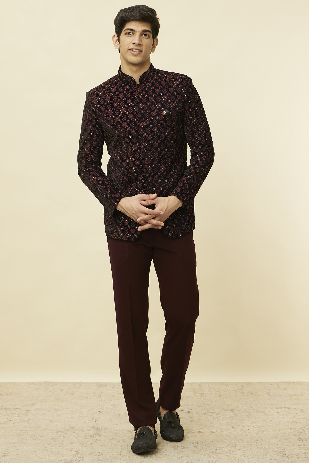 Wine & Black Velvet Sequins Work Jodhpuri Set by Manyavar