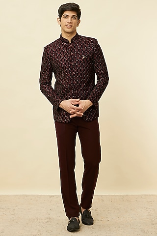 Wine & Black Velvet Sequins Work Jodhpuri Set by Manyavar