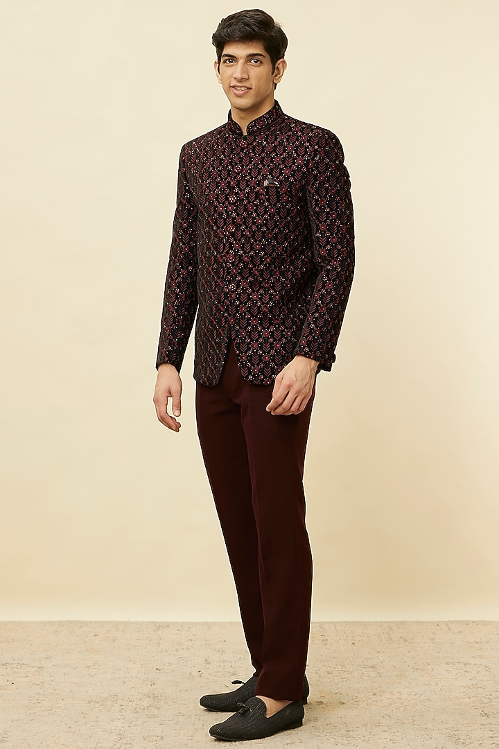 Wine & Black Velvet Sequins Work Jodhpuri Set by Manyavar at Pernia's Pop Up Shop