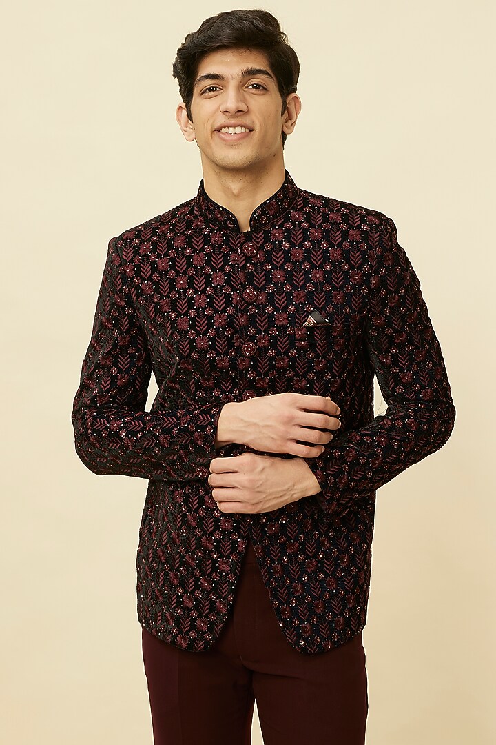 Wine & Black Velvet Sequins Work Jodhpuri Set by Manyavar at Pernia's Pop Up Shop