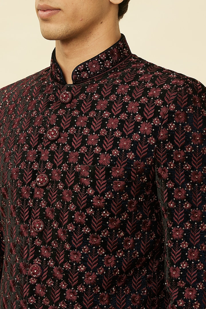 Wine & Black Velvet Sequins Work Jodhpuri Set by Manyavar at Pernia's Pop Up Shop