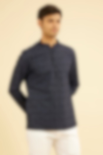 Dark Blue Cotton Blend Printed Short Kurta by Manyavar