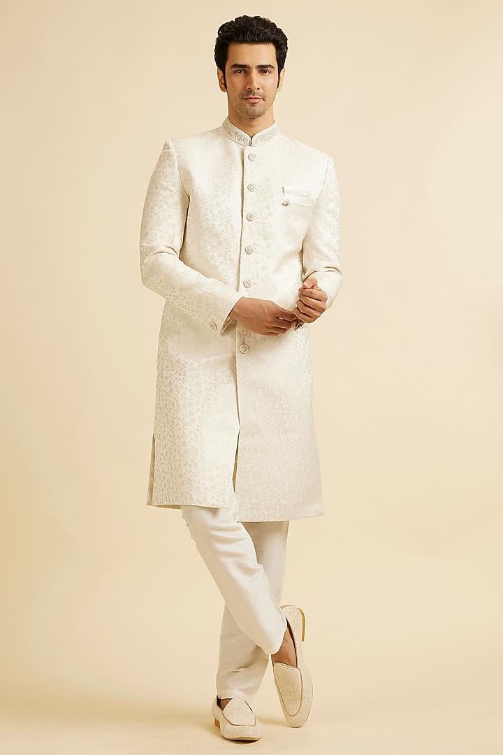 White Brocade Hand Embroidered Sherwani Set by Manyavar at Pernia's Pop Up Shop