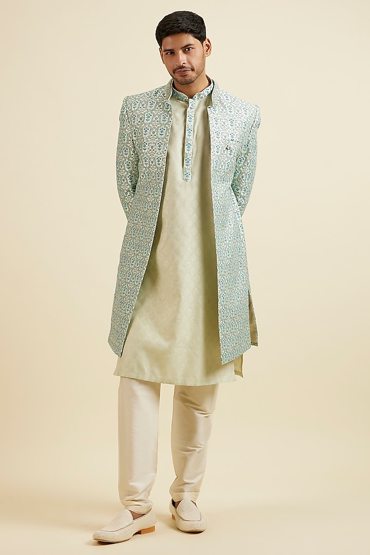 Aqua Green Art Silk Embroidered Sherwani Set by Manyavar
