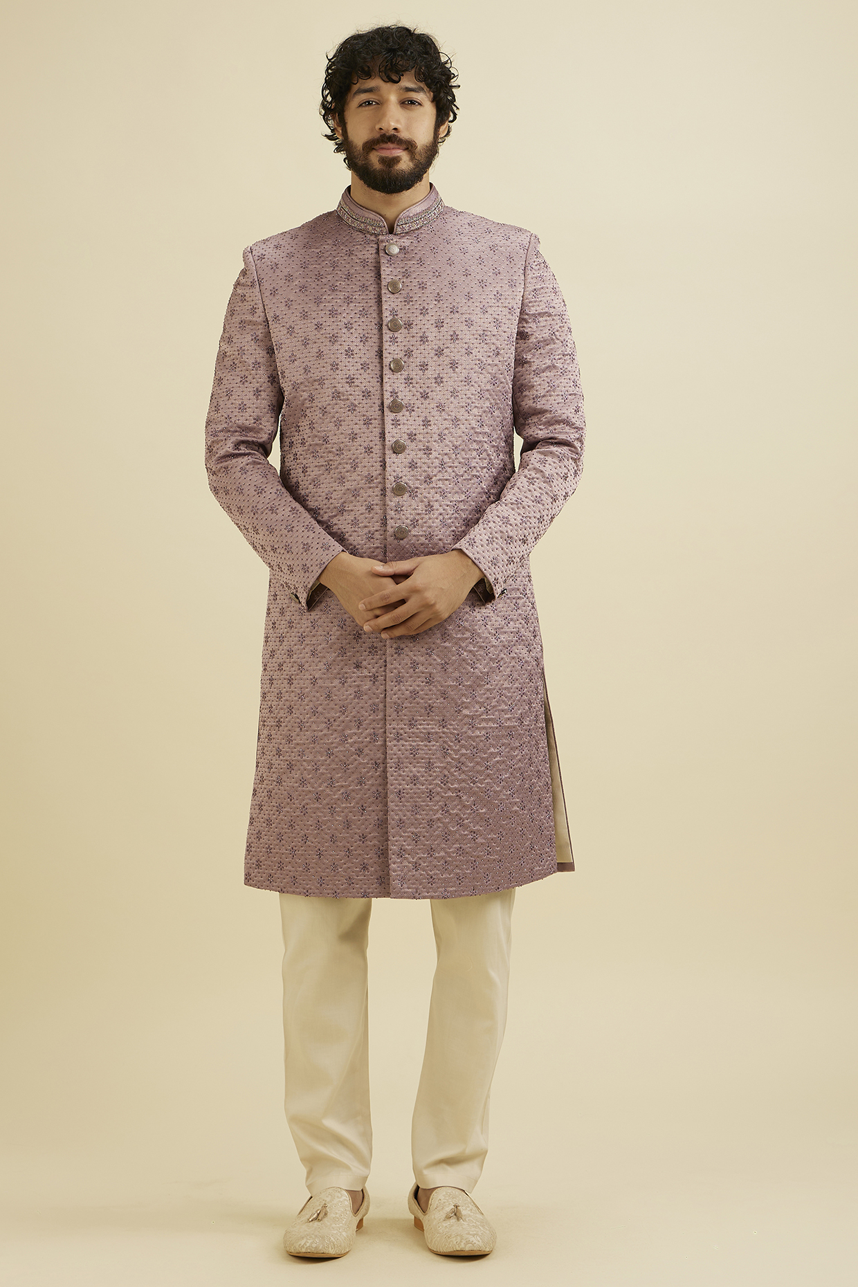Lilac Blended Rayon Hand Embroidered Sherwani Set by Manyavar