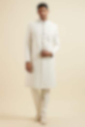 White Blended Rayon Thread Embroidered Wedding Sherwani Set by Manyavar at Pernia's Pop Up Shop