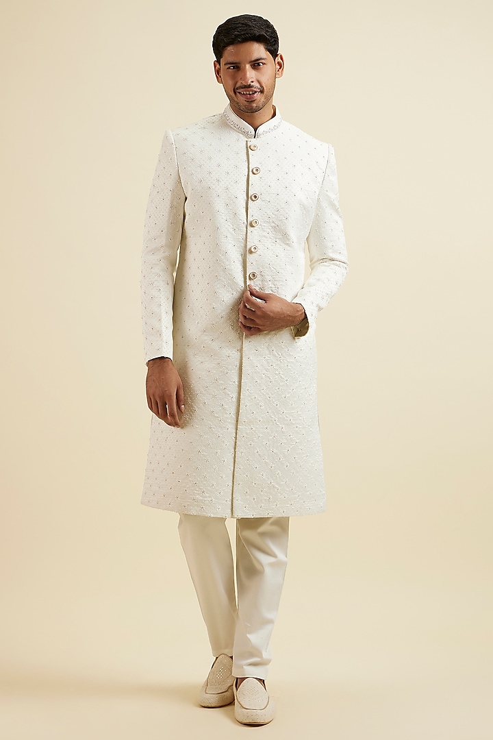 White Blended Rayon Thread Embroidered Wedding Sherwani Set by Manyavar at Pernia's Pop Up Shop