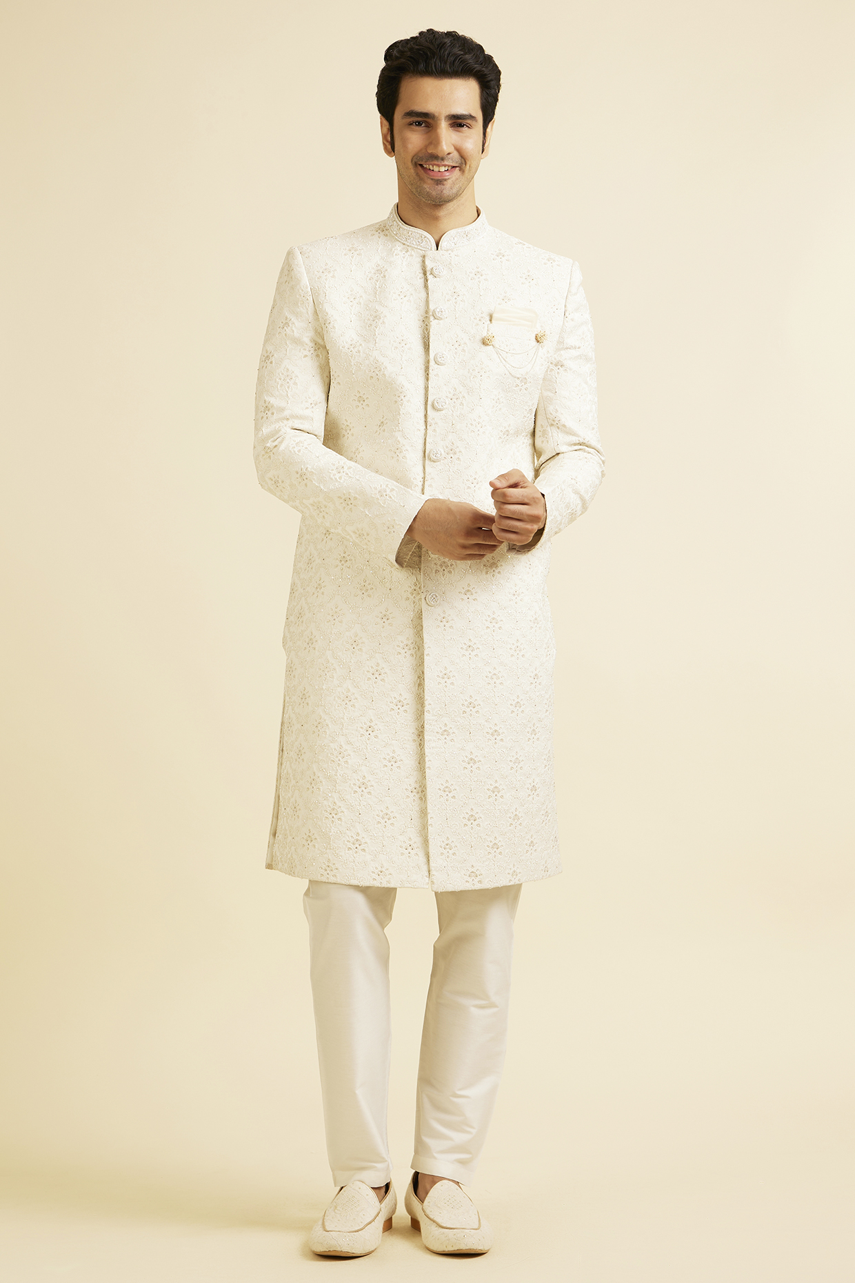 Cream Brocade Sequins Work Sherwani Set by Manyavar