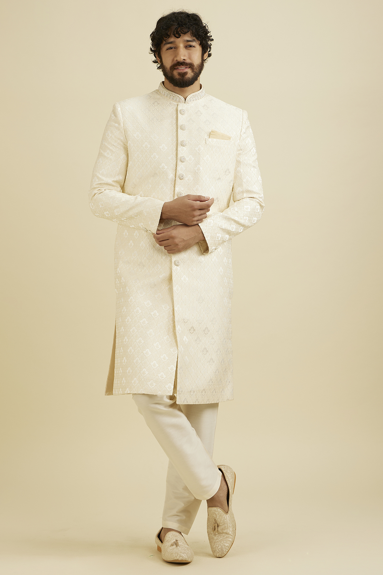 Cream & Pink Brocade Sherwani Set by Manyavar