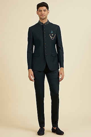 Dark Green Brocade Jodhpuri Set by Manyavar