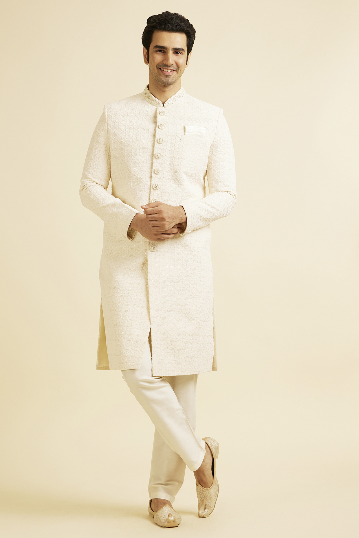Cream Georgette Hand Embroidered Sherwani Set by Manyavar