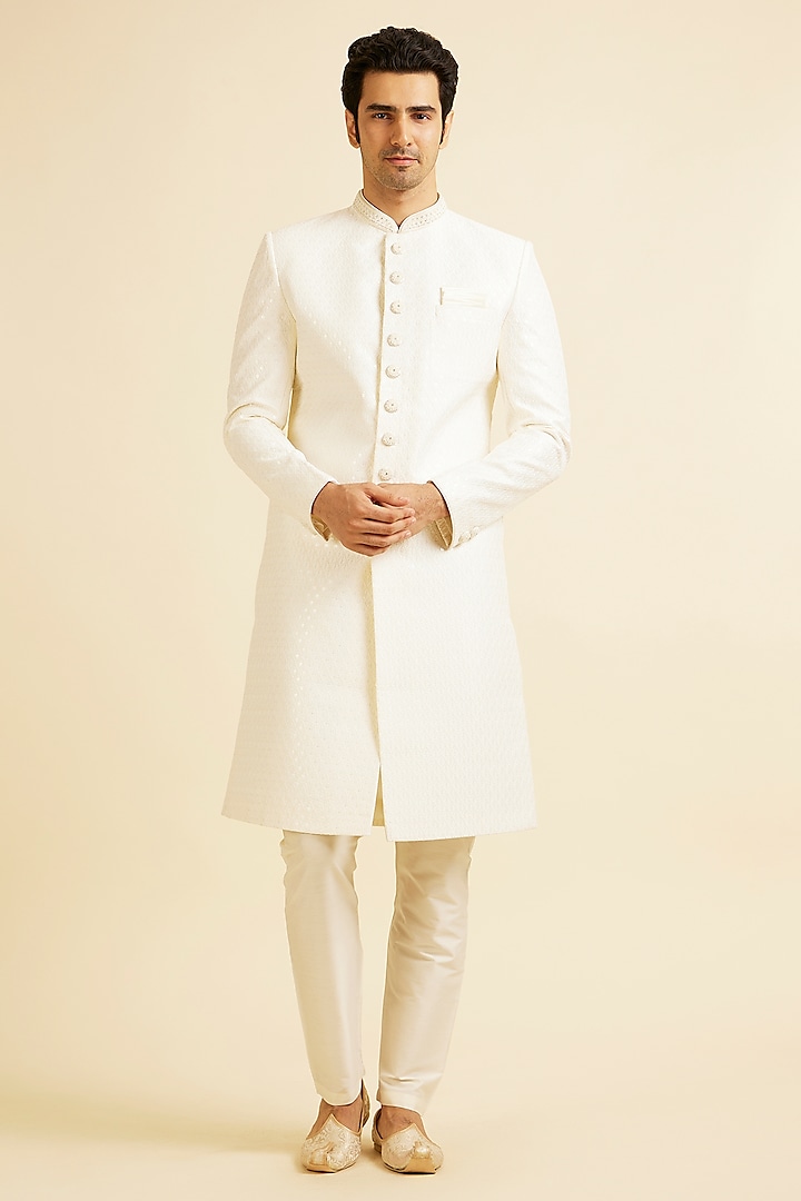 Cream Art Silk Sequins Embellished Sherwani Set by Manyavar at Pernia's Pop Up Shop