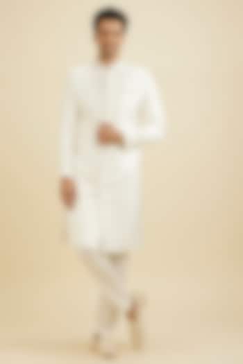 White Brocade Sequins Work Sherwani Set by Manyavar