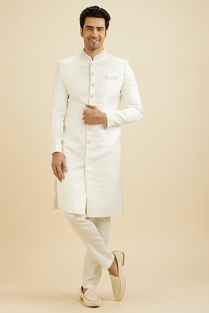 White Brocade Sequins Work Sherwani Set by Manyavar