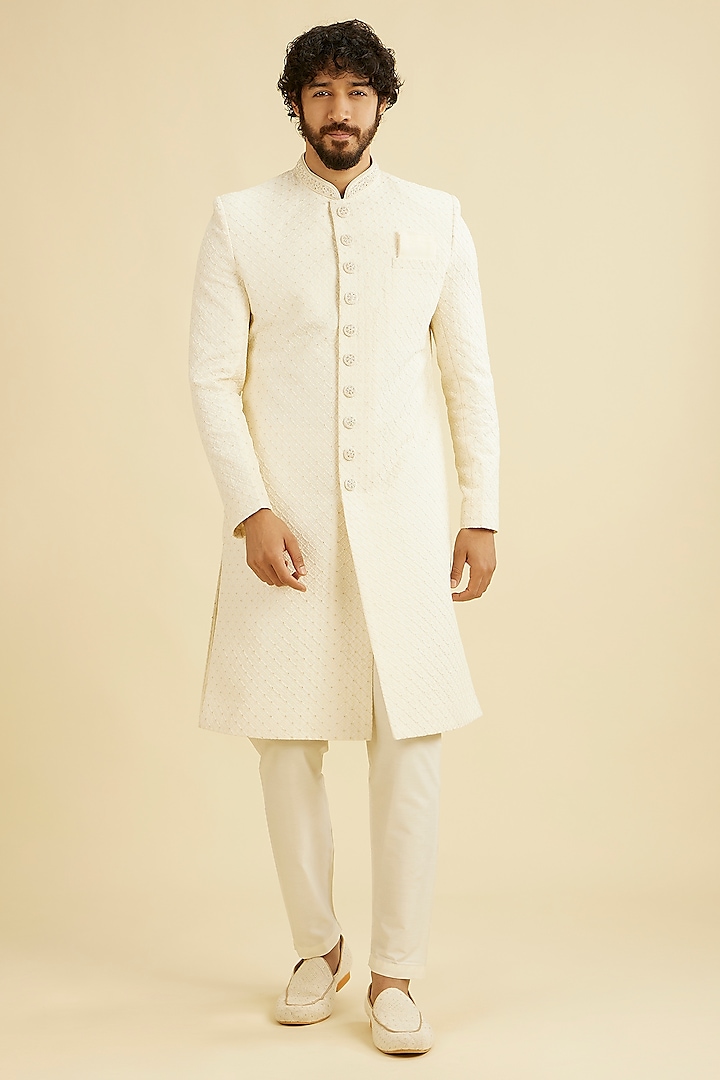 Cream Art Silk Thread Embroidered Sherwani Set by Manyavar at Pernia's Pop Up Shop