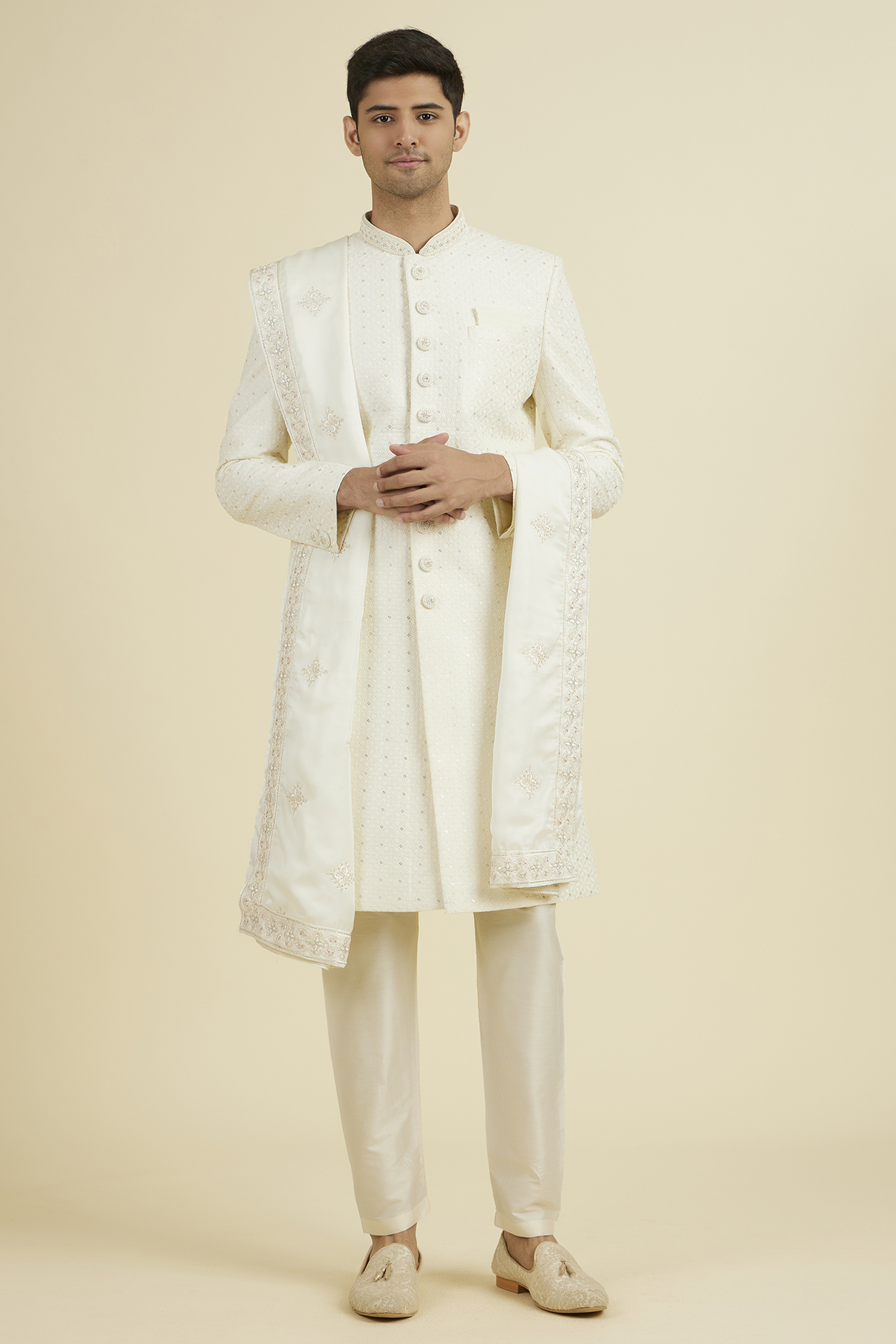 Cream Art Silk Thread Embroidered Sherwani Set by Manyavar