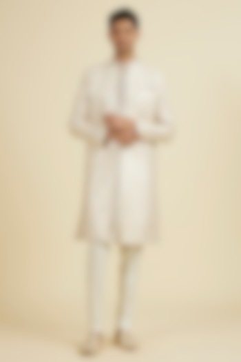 Peach Art Silk Printed & Thread Embroidered Sherwani Set by Manyavar