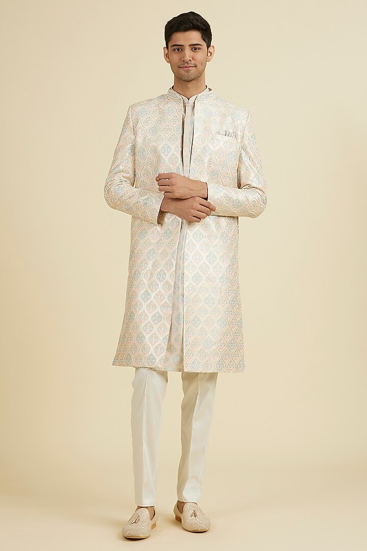 Peach Art Silk Printed & Thread Embroidered Sherwani Set by Manyavar