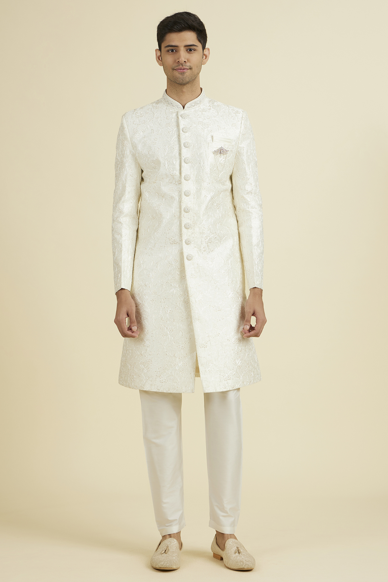 Warm White Art Silk Thread Embroidered Sherwani Set by Manyavar