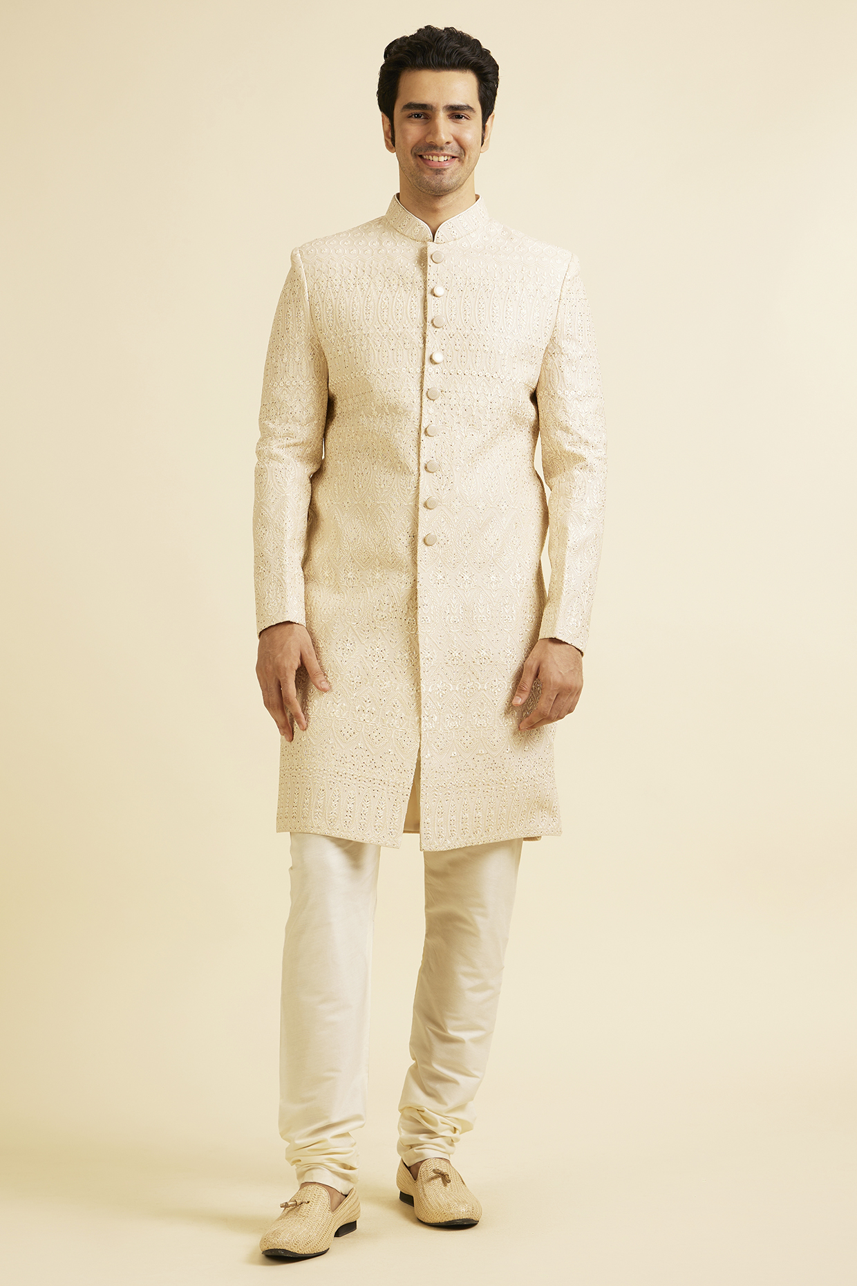 Champagne Beige Georgette Hand Embroidered Sherwani Set by Manyavar