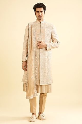Fawn Colored Satin Embroidered Sherwani Set by Manyavar