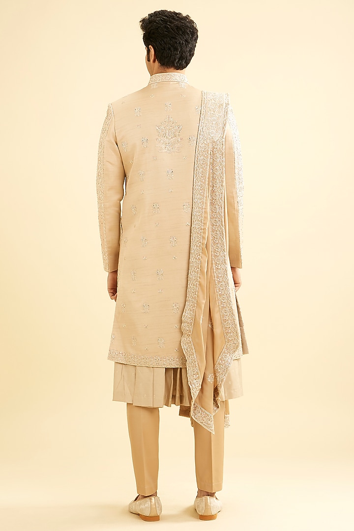 Fawn Colored Satin Embroidered Wedding Sherwani Set by Manyavar at Pernia's Pop Up Shop
