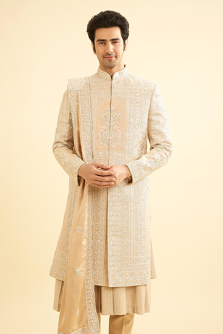Fawn Colored Satin Embroidered Wedding Sherwani Set by Manyavar at Pernia's Pop Up Shop