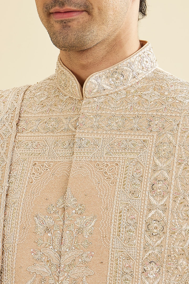 Fawn Colored Satin Embroidered Wedding Sherwani Set by Manyavar at Pernia's Pop Up Shop