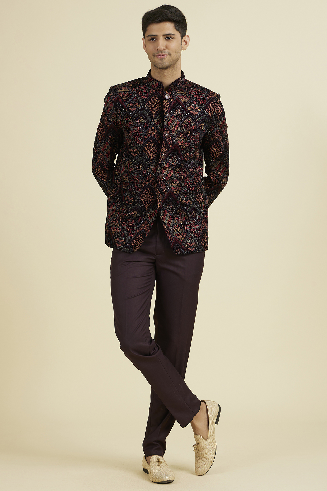 Wine Velvet Thread Embroidered Jodhpuri Set by Manyavar