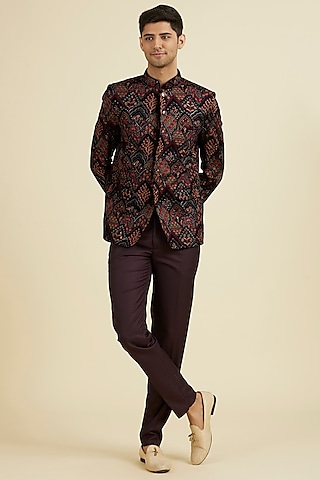 Wine Velvet Thread Embroidered Jodhpuri Set by Manyavar