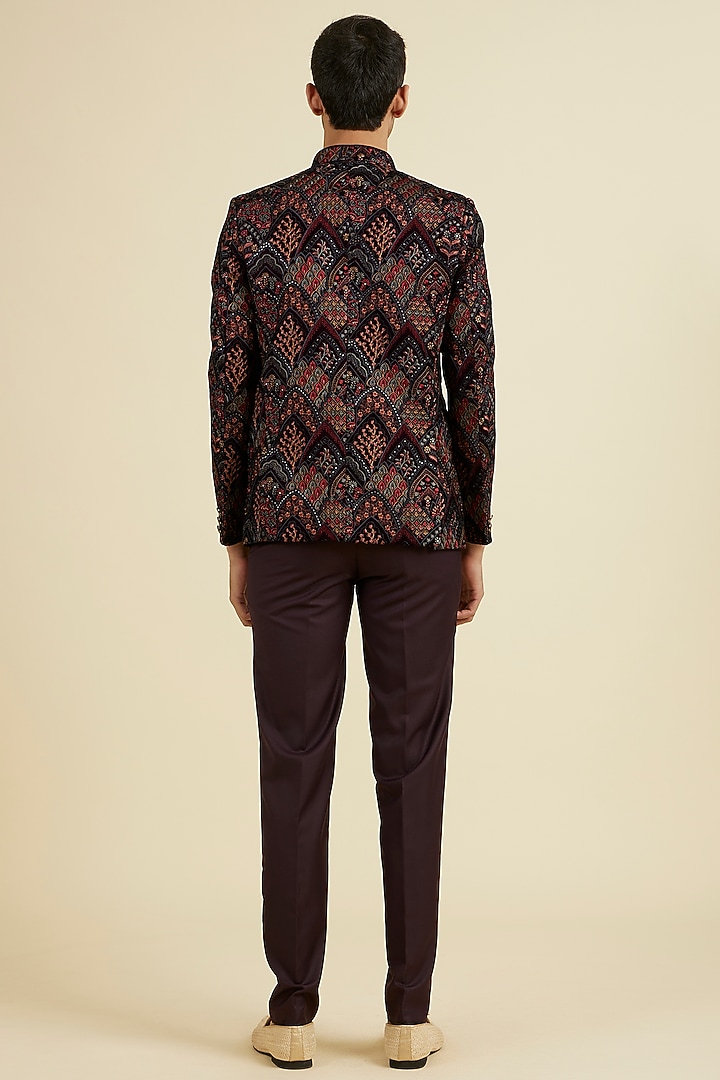 Wine Velvet Thread Embroidered Jodhpuri Set by Manyavar at Pernia's Pop Up Shop