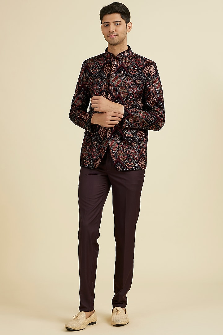 Wine Velvet Thread Embroidered Jodhpuri Set by Manyavar at Pernia's Pop Up Shop
