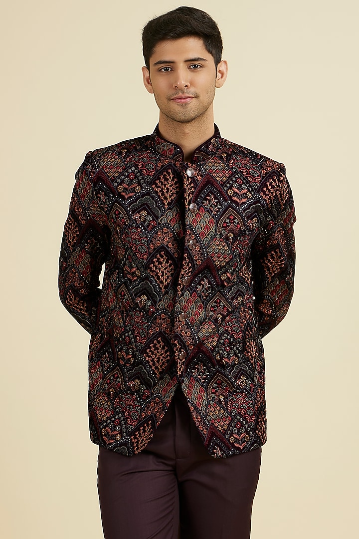 Wine Velvet Thread Embroidered Jodhpuri Set by Manyavar at Pernia's Pop Up Shop