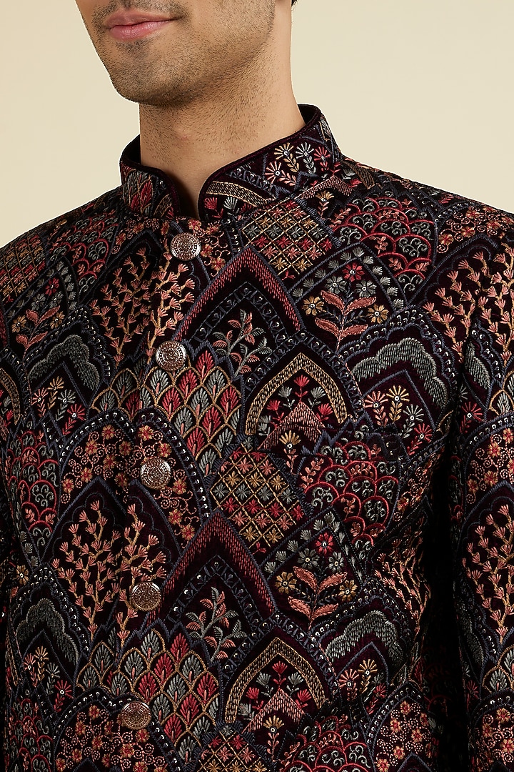 Wine Velvet Thread Embroidered Jodhpuri Set by Manyavar at Pernia's Pop Up Shop