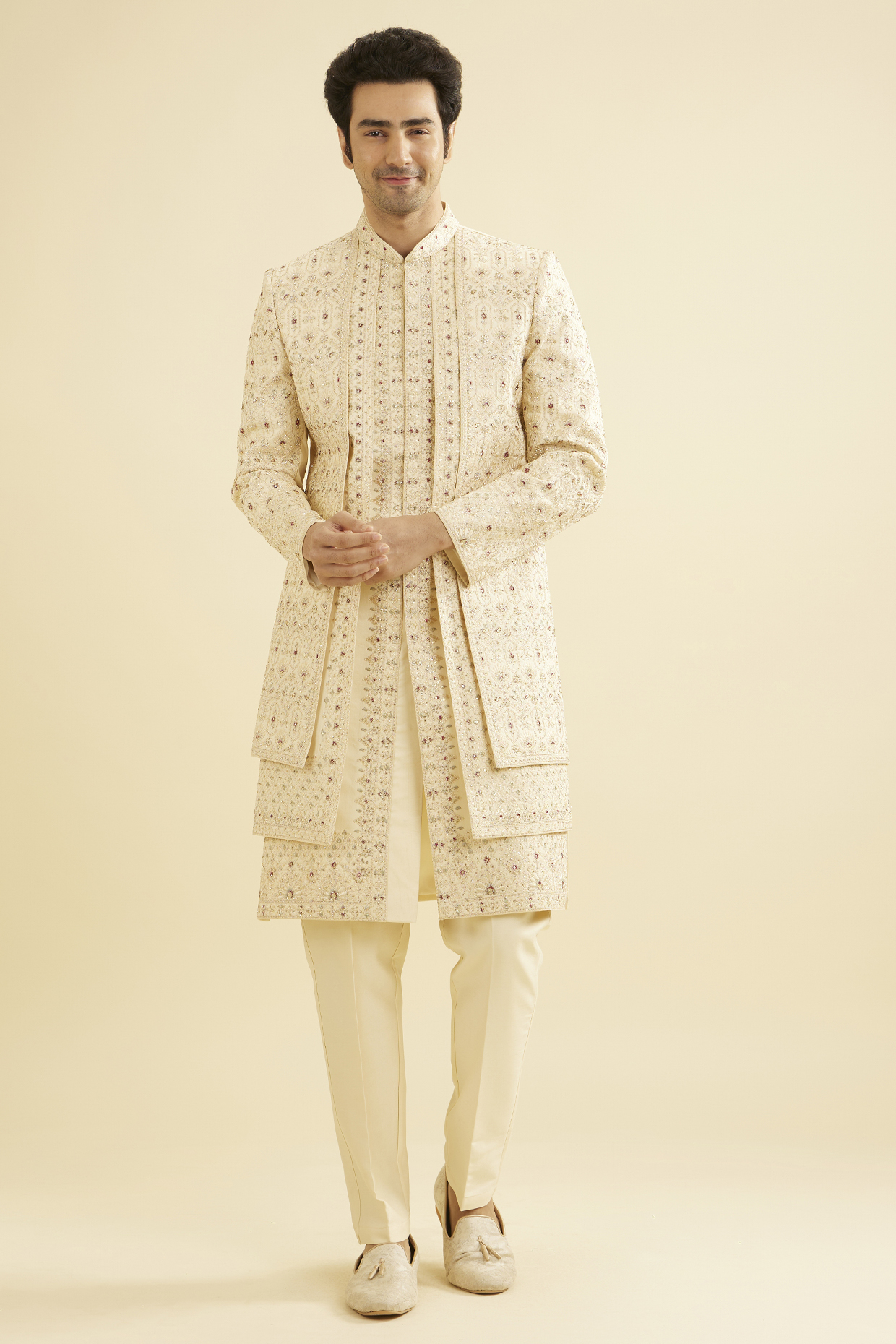Beige Art Silk Sequins Embroidered Sherwani Set by Manyavar