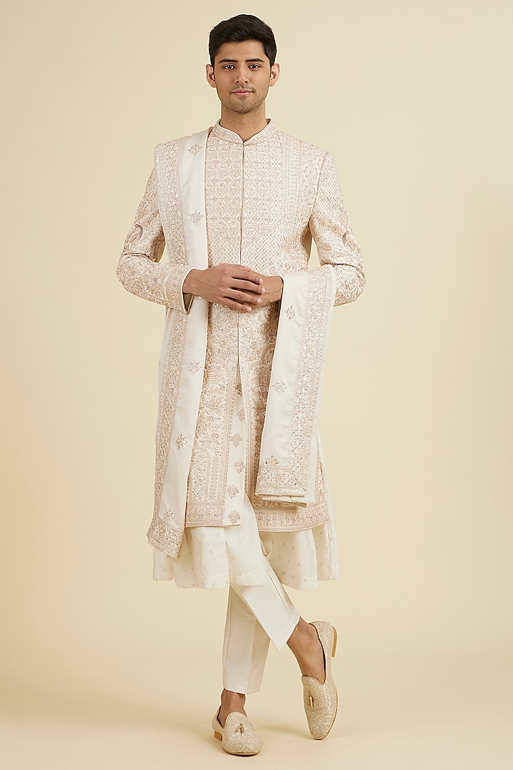 Peach Satin Sequins Embroidered Wedding Sherwani Set by Manyavar at Pernia's Pop Up Shop