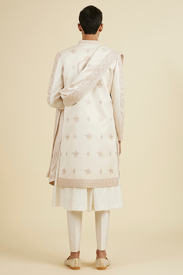 Peach Satin Sequins Embroidered Wedding Sherwani Set by Manyavar at Pernia's Pop Up Shop