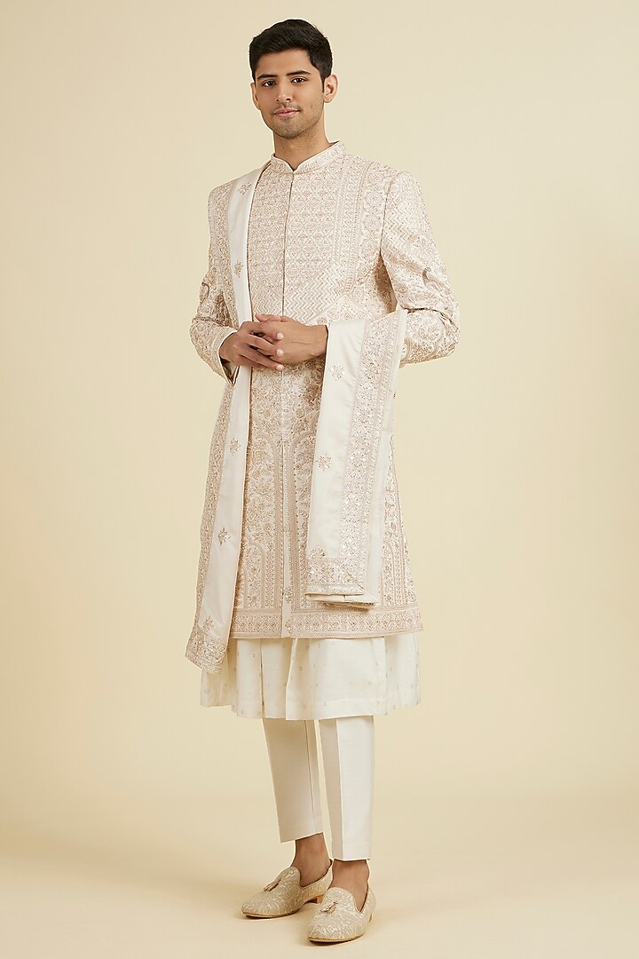 Peach Satin Sequins Embroidered Wedding Sherwani Set by Manyavar at Pernia's Pop Up Shop