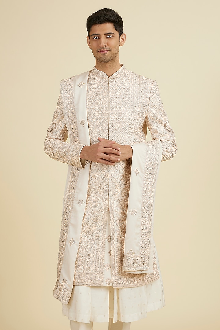 Peach Satin Sequins Embroidered Wedding Sherwani Set by Manyavar at Pernia's Pop Up Shop