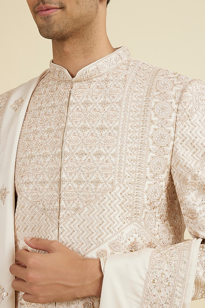 Peach Satin Sequins Embroidered Wedding Sherwani Set by Manyavar at Pernia's Pop Up Shop